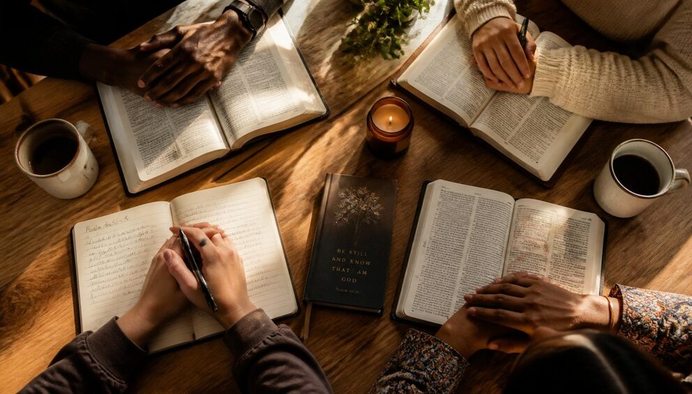Hands from different backgrounds around open Bibles, journals, and coffee mugs in golden morning light.