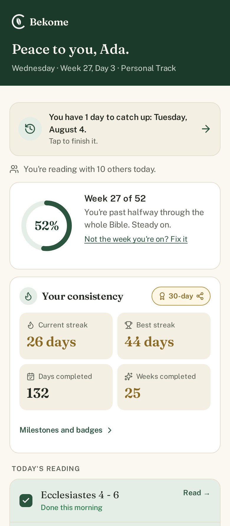 The Bekome Today screen: this week&rsquo;s reading, a healthy streak and the progress ring